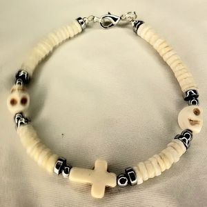 Sugar Skull Cross Hematite and Pookah Shell Bracelet